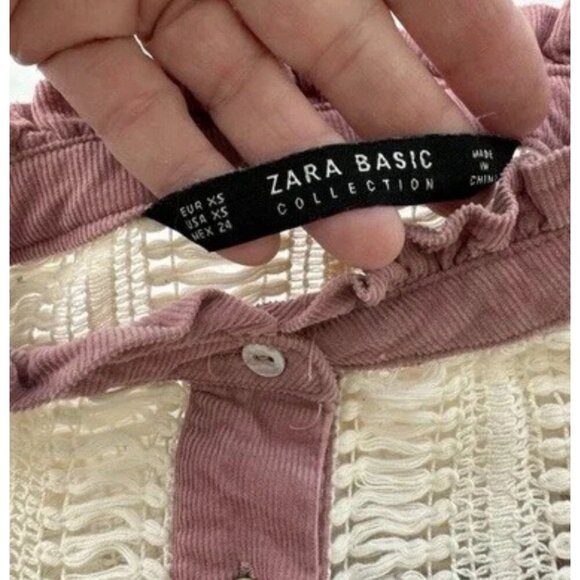 Zara Boho Dusty Pink 3/4 sleeve Corduroy crochet Ruffles Cotton Top XS - Picture 3 of 9